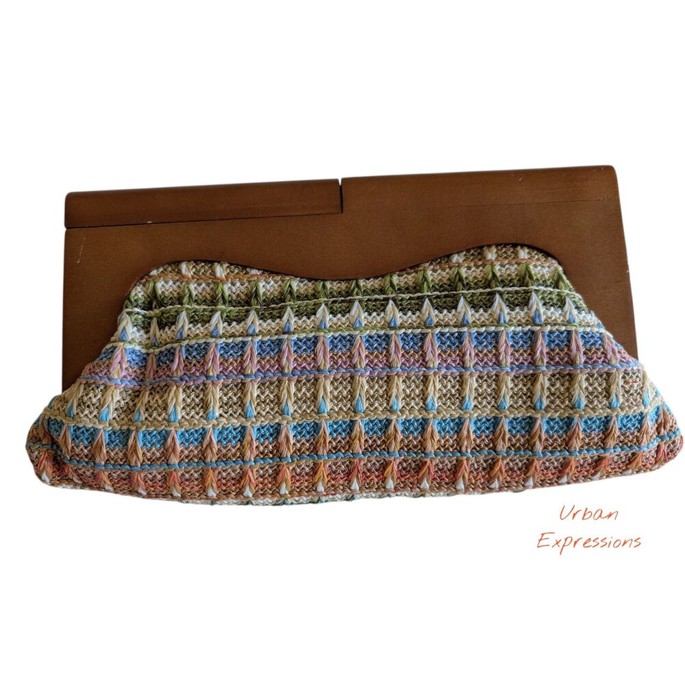 Urban Expressions Boho Woven Straw Clutch Wooden Frame Vegan Bag NWT